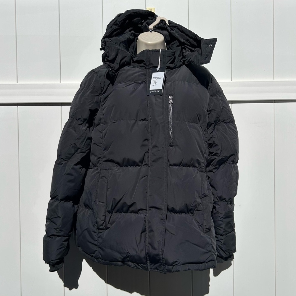 Black Puffer Detachable Hood Knit Cuff Elastic Waist Back | Large | NEW w/ Tags